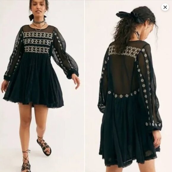 Free People‎ “Need Me” Black Embroidered Mini Dress Size Large Boho Chic - Picture 1 of 13